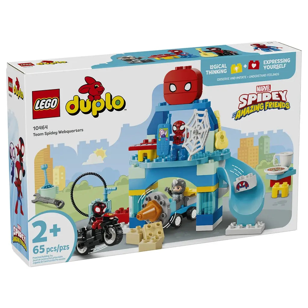 LEGO DUPLO Marvel Spidey Webquarters 10464 box front shows a blue plastic headquarters, Spidey figures, motorcycle, drill vehicle, slide and accessories.