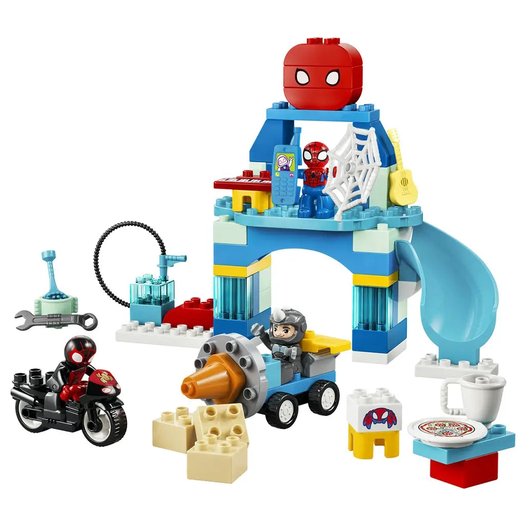 LEGO DUPLO Marvel Spidey Webquarters 10464 features a blue plastic headquarters with slide, web and Spidey figure, plus motorcycle, drill vehicle and play accessories.