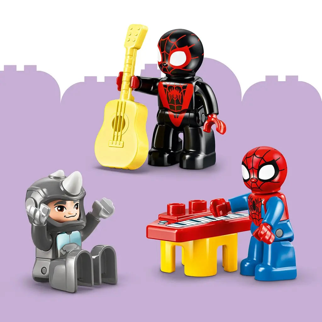 LEGO DUPLO Marvel Spidey figures include black and red Miles Morales with yellow guitar, gray Rhino, and red and blue Spidey at a keyboard on lavender.