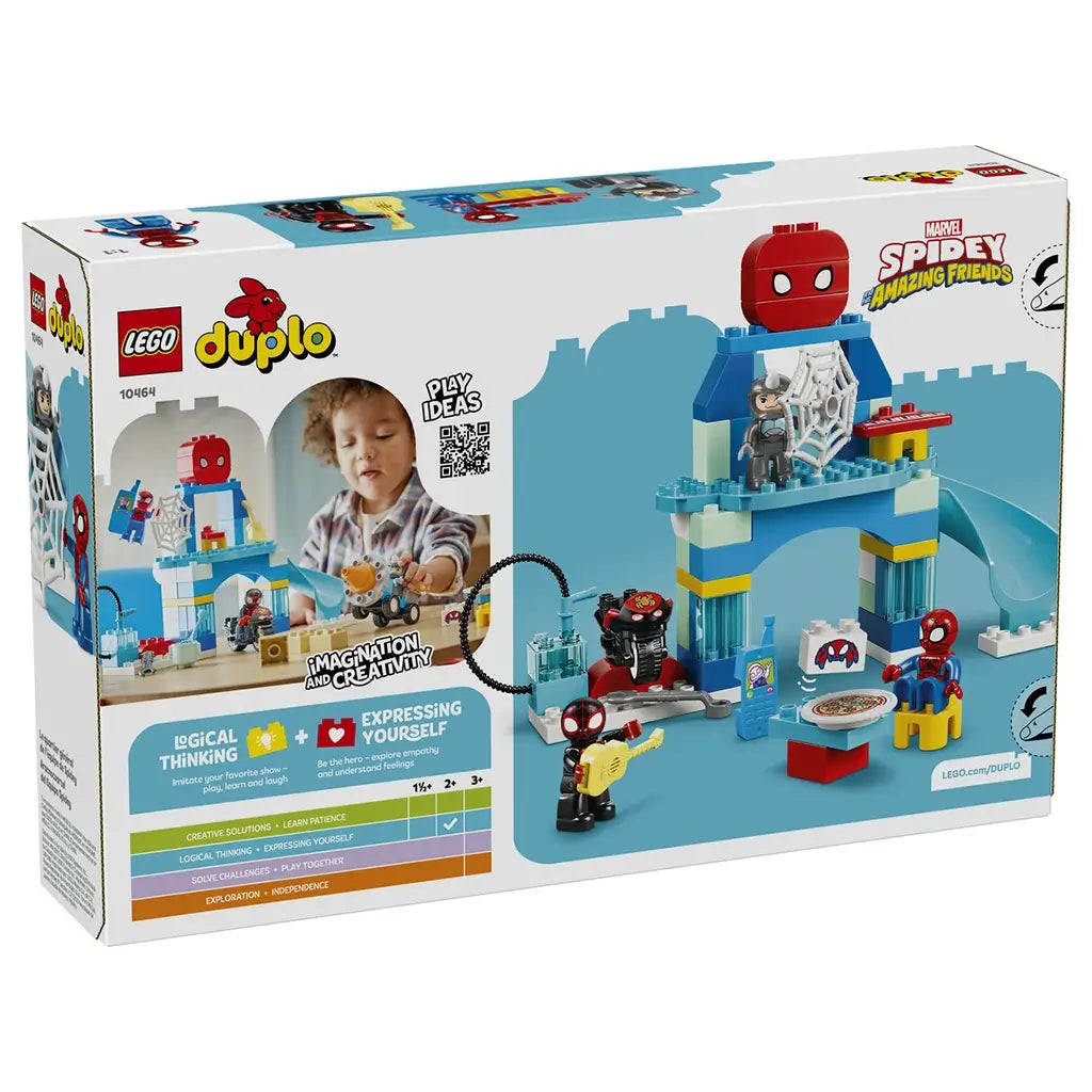 LEGO DUPLO Marvel Spidey Webquarters 10464 package back shows a blue plastic headquarters, Spidey characters, motorcycle, drill vehicle and play features.