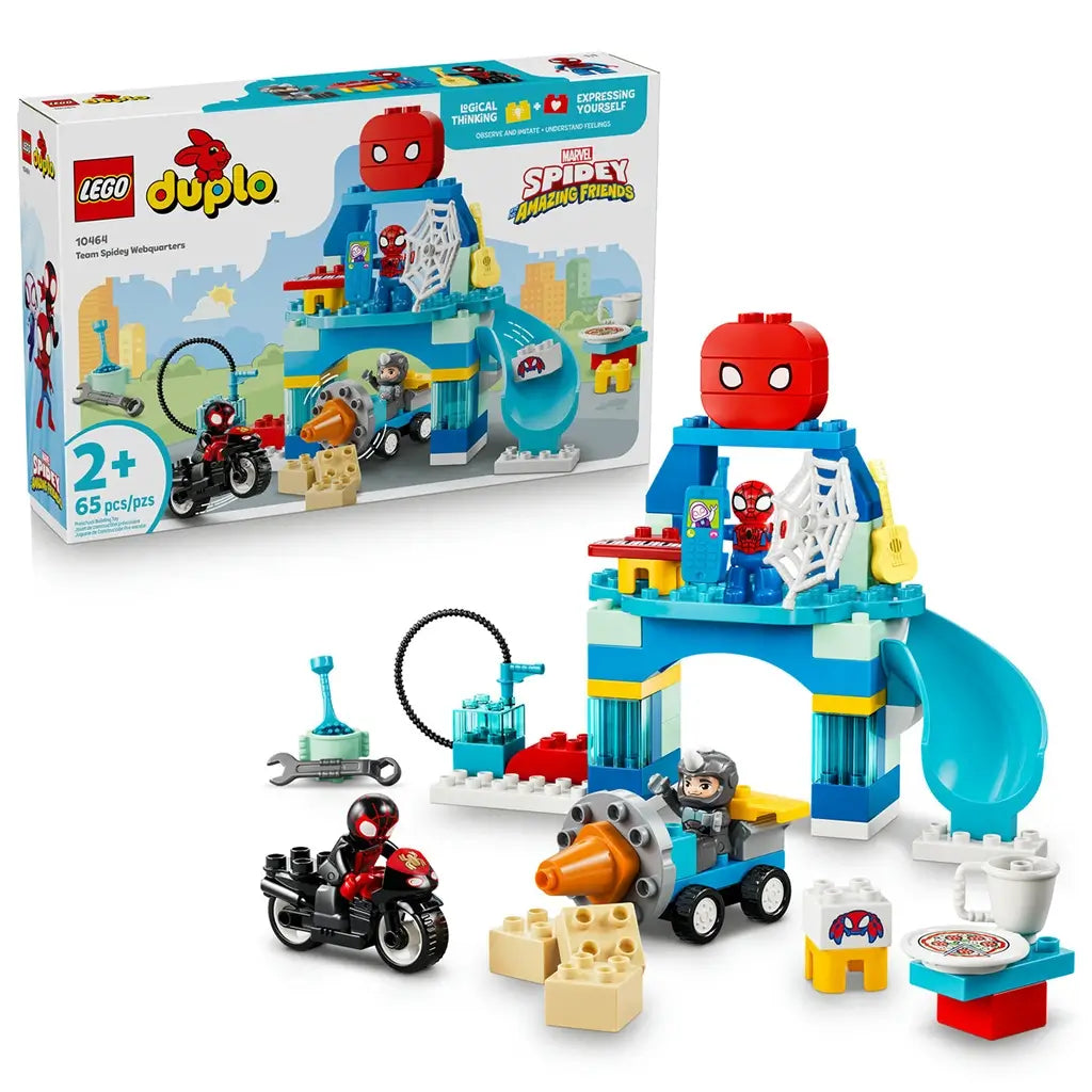 LEGO DUPLO Marvel Spidey Webquarters 10464 set displays a blue plastic headquarters with slide, Spidey figures, motorcycle, drill vehicle and accessories beside the box.