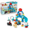 LEGO DUPLO Marvel Spidey Webquarters 10464 set displays a blue plastic headquarters with slide, Spidey figures, motorcycle, drill vehicle and accessories beside the box.