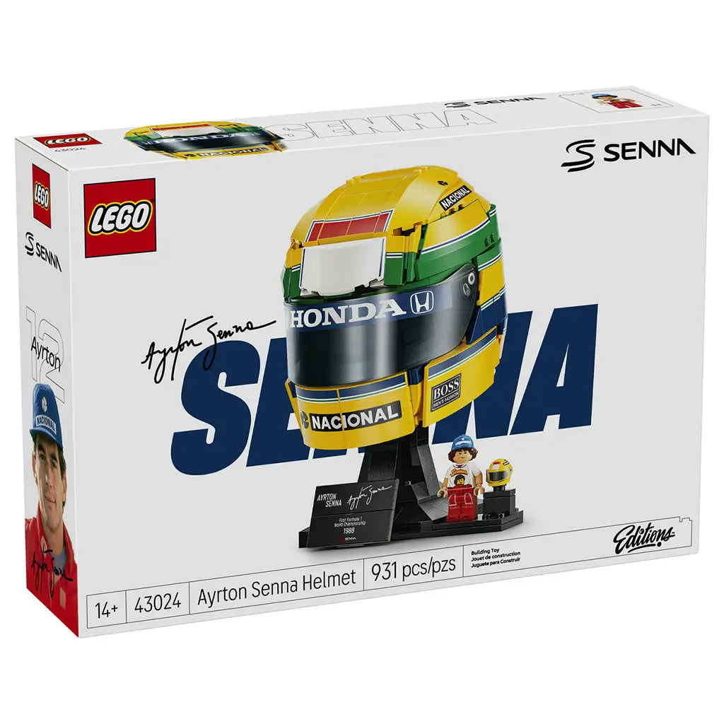 LEGO Ayrton Senna Helmet set 43024 comes in a white cardboard box showing the yellow, green and blue helmet display with Senna minifigure, plaque and 931-piece labeling.