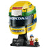 LEGO Ayrton Senna Helmet set 43024 features a yellow, green and blue plastic racing helmet with Honda and Nacional logos, black display stand, plaque, minifigure and mini helmet.