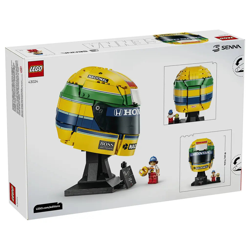 LEGO Ayrton Senna Helmet set 43024 box back shows the yellow, green and blue brick-built helmet from side, rear and front views with black stand, plaque and minifigure.