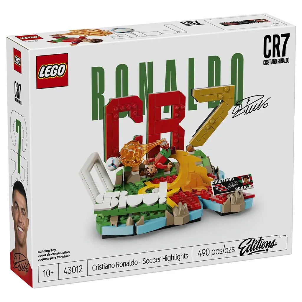 LEGO Cristiano Ronaldo soccer set box with white glossy cardboard packaging, colorful CR7 display artwork, football highlight elements and branded product details on a clean studio background.