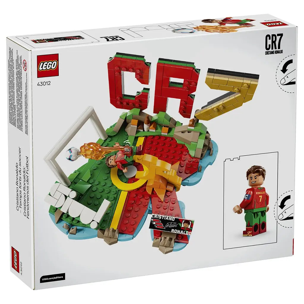 LEGO Cristiano Ronaldo soccer set packaging showing white glossy cardboard panels, rectangular product layout, CR7 model features, minifigure details and build functions on a studio background.