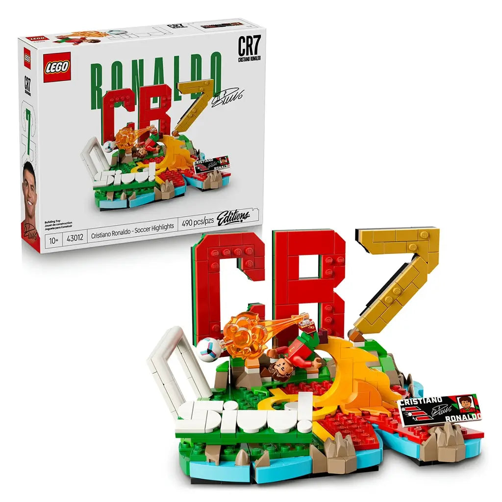 LEGO Cristiano Ronaldo soccer set featuring white glossy cardboard packaging and a colorful plastic brick display, showcasing CR7 football highlights with a bicycle kick scene on a clean studio background.