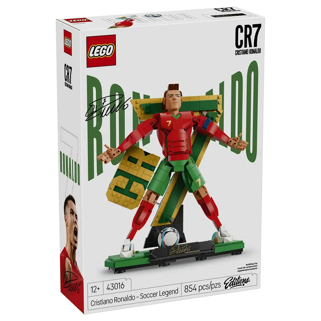 LEGO Cristiano Ronaldo soccer legend set packaging features red, green, gold and black plastic brick construction of the CR7 football figure with display base, ball and collectible backdrop design.