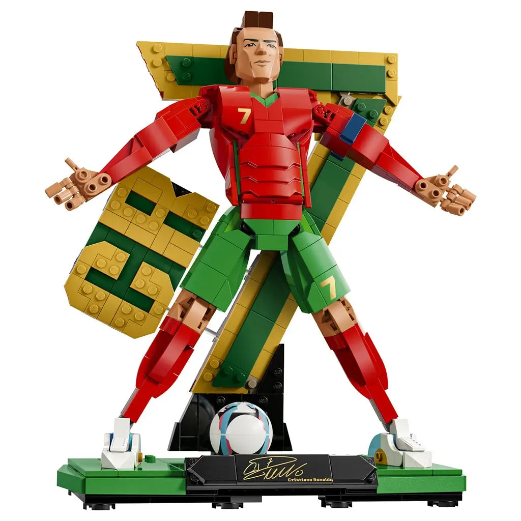 LEGO Cristiano Ronaldo soccer legend display features red, green, gold and black plastic brick construction depicting the football icon in a signature celebration pose with CR7 backdrop and ball.