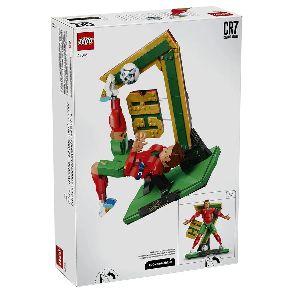 LEGO Cristiano Ronaldo soccer set packaging back features red, green, gold and black plastic brick models showing two display configurations, including a bicycle kick pose and standing celebration scene.