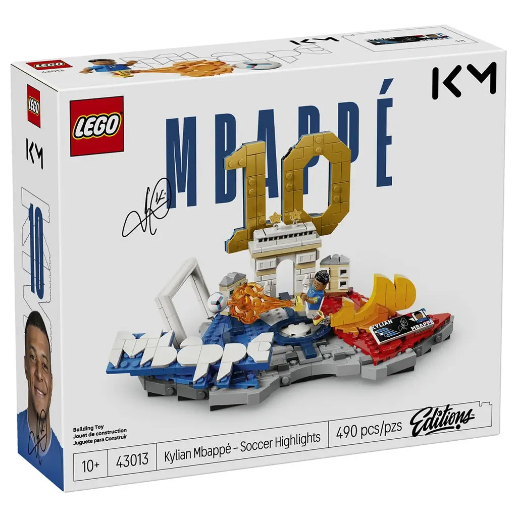 LEGO Kylian Mbappé soccer highlights set packaging features blue, white, gold and red plastic brick construction of a football action display with number 10 backdrop, player minifigure and collector branding.