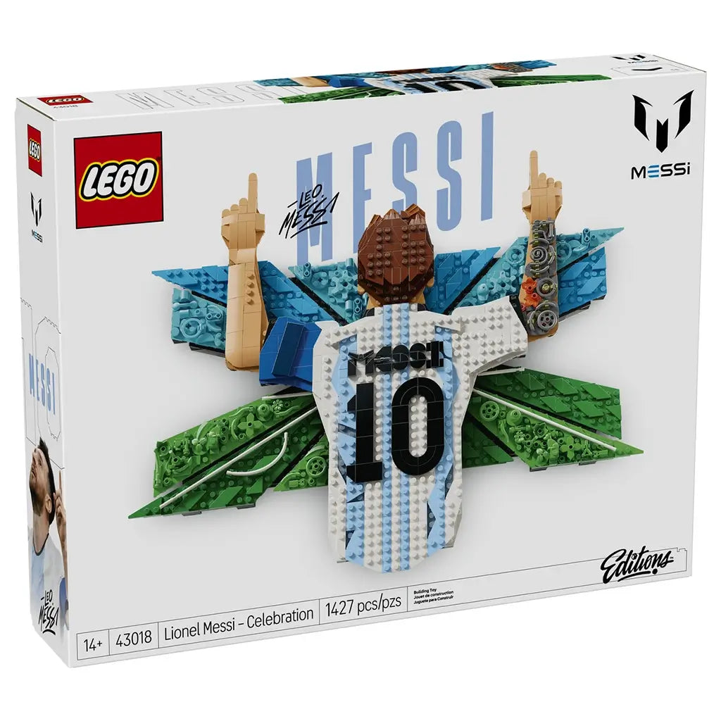 LEGO Lionel Messi wall art collectible features white, sky-blue and green plastic brick construction forming Messi’s number 10 Argentina jersey celebration pose against a geometric soccer-inspired backdrop on retail packaging.