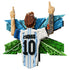 LEGO Lionel Messi wall art display features white, sky-blue and green plastic brick elements forming Messi’s number 10 Argentina jersey with raised arms, mounted over a textured soccer-themed geometric background.