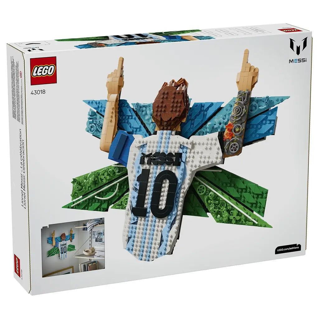 LEGO Lionel Messi wall art package back showcases white, sky-blue and green plastic brick construction shaped as Messi’s number 10 Argentina jersey celebration display with mounting and décor examples.