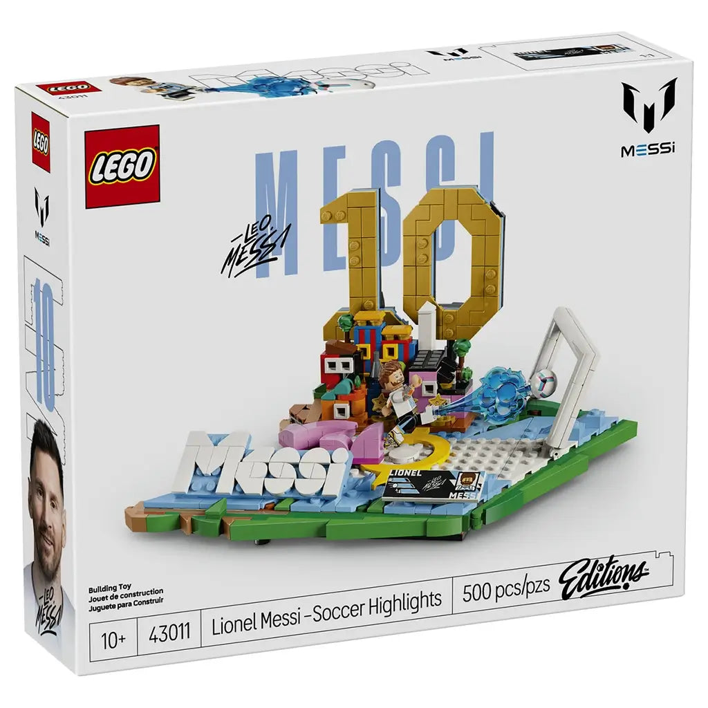 LEGO Lionel Messi soccer set box featuring white glossy cardboard packaging, number 10 display artwork, football highlight elements and branded product details on a clean studio background.
