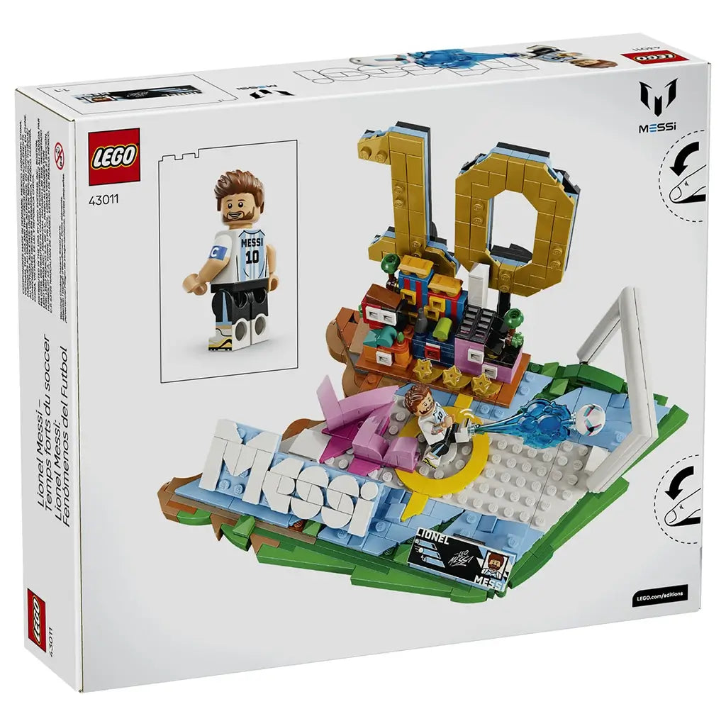 LEGO Lionel Messi soccer set packaging with white glossy cardboard panels, rectangular product layout, number 10 display model, minifigure details and build features shown on a clean studio background.