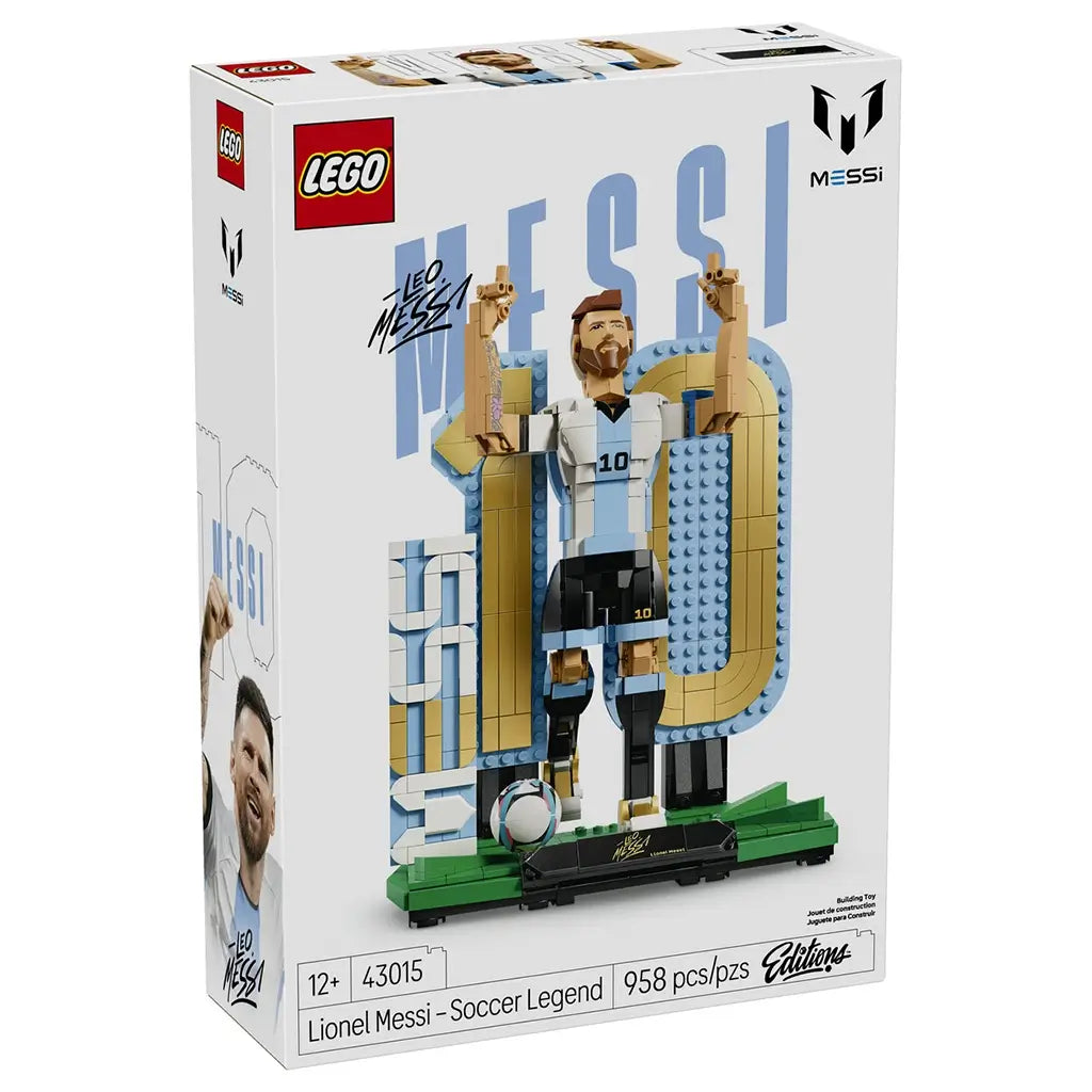 LEGO Lionel Messi soccer legend set packaging features light blue, white, black, gold and green plastic brick construction of the football icon with number 10 backdrop, ball and display stand.