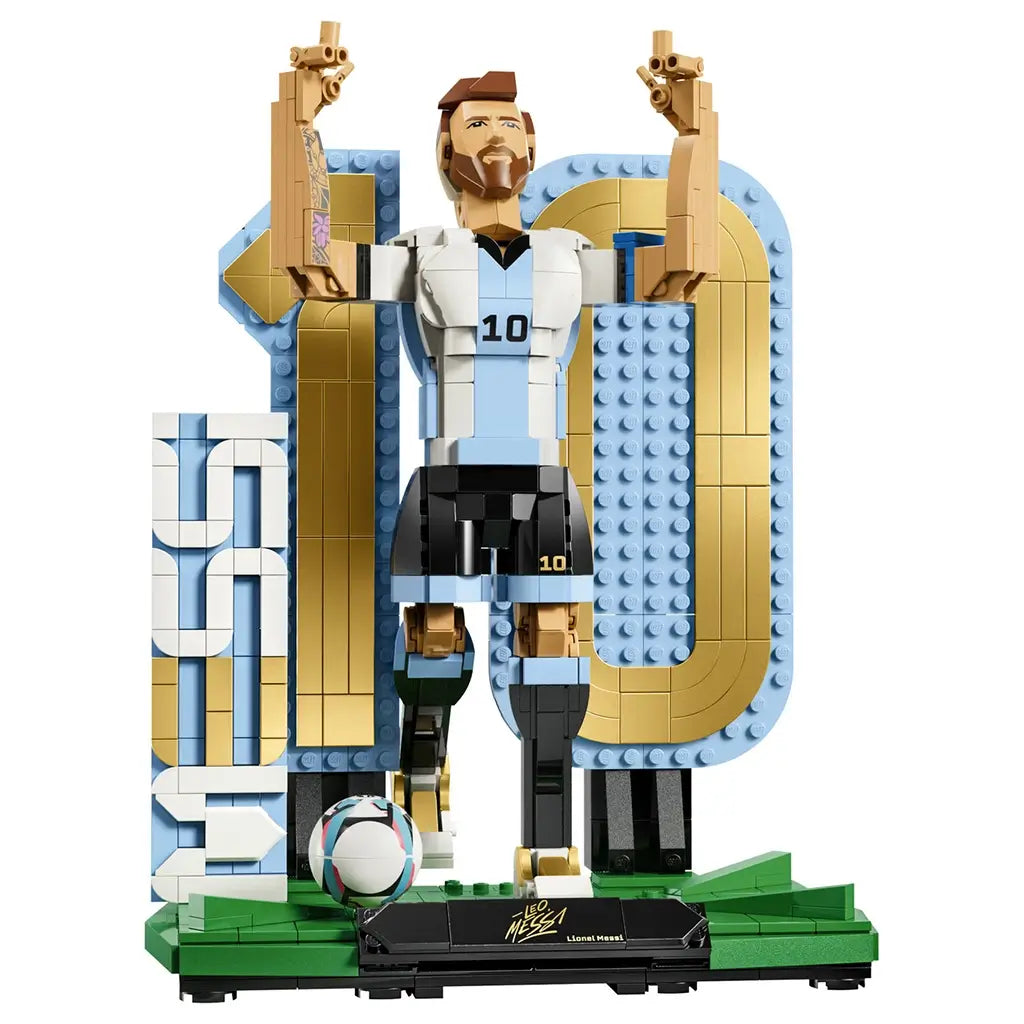 LEGO Lionel Messi soccer legend display features light blue, white, black, gold and green plastic brick construction depicting the football star in a celebratory pose with number 10 backdrop and ball.