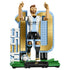 LEGO Lionel Messi soccer legend display features light blue, white, black, gold and green plastic brick construction depicting the football star in a celebratory pose with number 10 backdrop and ball.