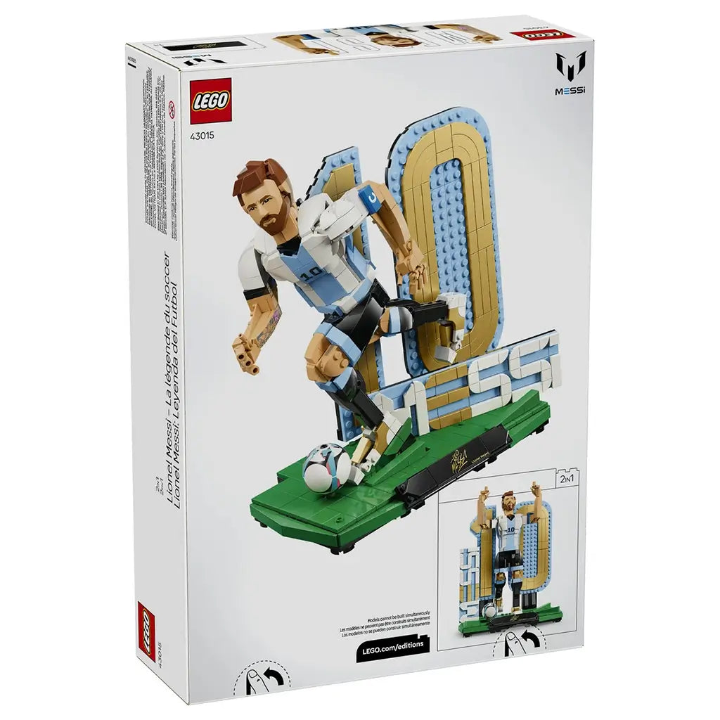 LEGO Lionel Messi soccer set packaging back features light blue, white, black, gold and green plastic brick models showing alternate display configurations, including action and celebration poses.