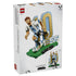 LEGO Lionel Messi soccer set packaging back features light blue, white, black, gold and green plastic brick models showing alternate display configurations, including action and celebration poses.