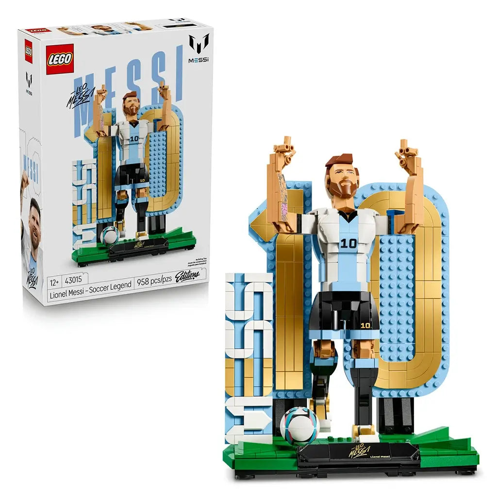LEGO Lionel Messi soccer collectible features light blue, white, black, gold and green plastic brick construction shaped as the football legend celebrating beside a large number 10 backdrop on a display base.