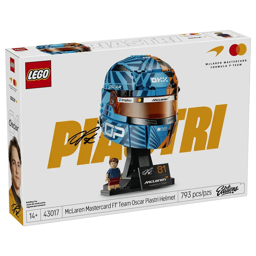 LEGO McLaren Formula 1 helmet set packaging features blue, orange and black plastic brick construction replicating Oscar Piastri’s racing helmet with visor, display stand and collectible minifigure.