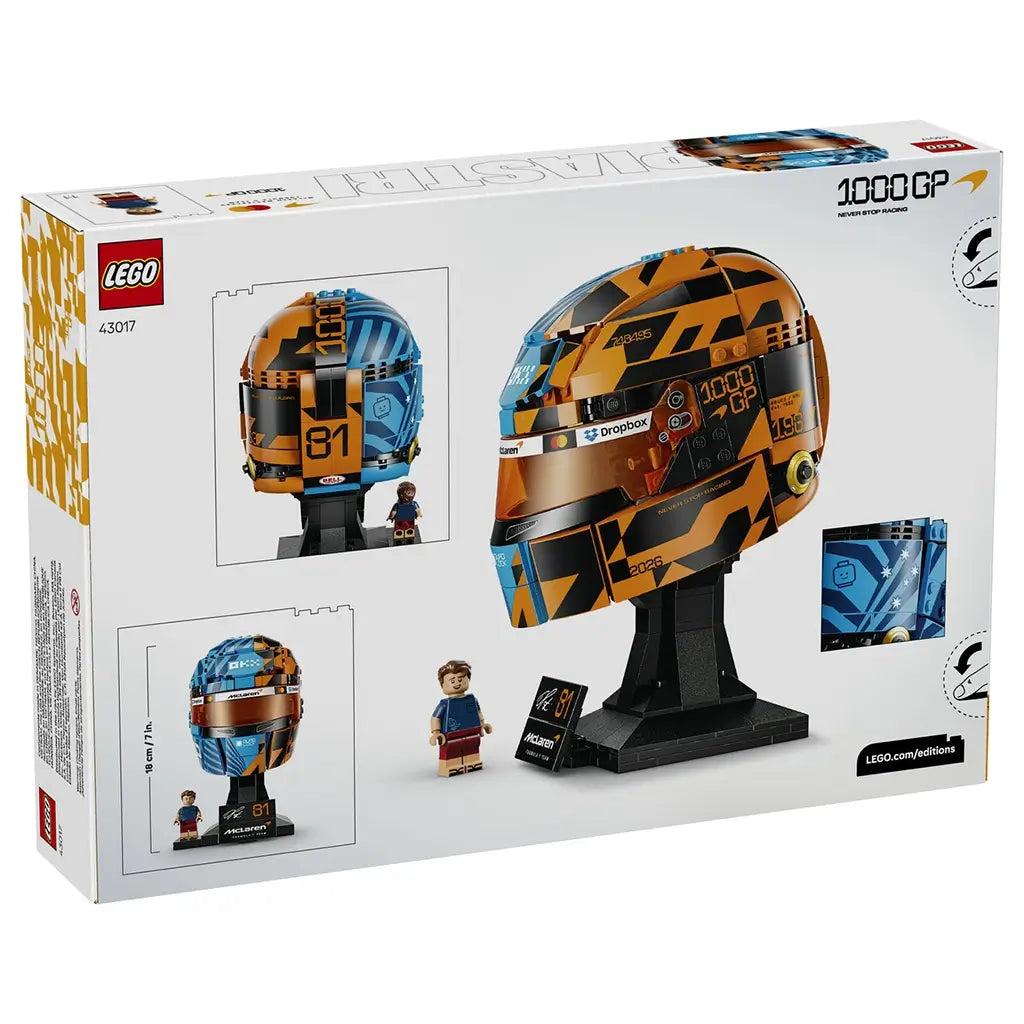 LEGO McLaren Formula 1 helmet package back showcases blue, orange and black plastic brick construction modeled after Oscar Piastri’s racing helmet, highlighting display angles, dimensions and details.