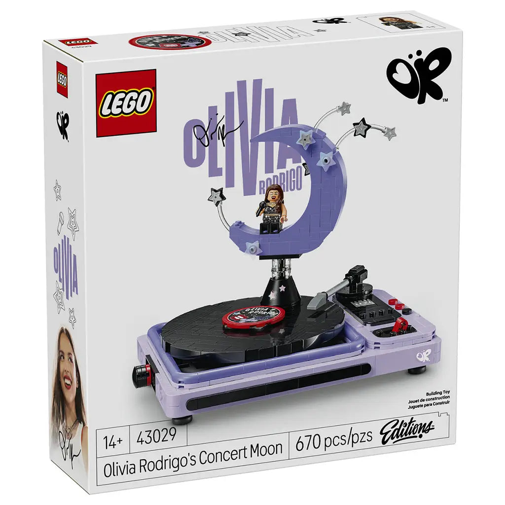 LEGO Editions Olivia Rodrigo's Concert Moon set 43029 box in white shows a lavender and black brick-built turntable with crescent moon stage and 670-piece count.