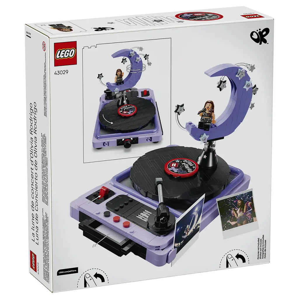 LEGO Olivia Rodrigo Concert Moon set 43029 box back in white shows the lavender and black brick-built turntable, crescent moon stage, microphone and display features.