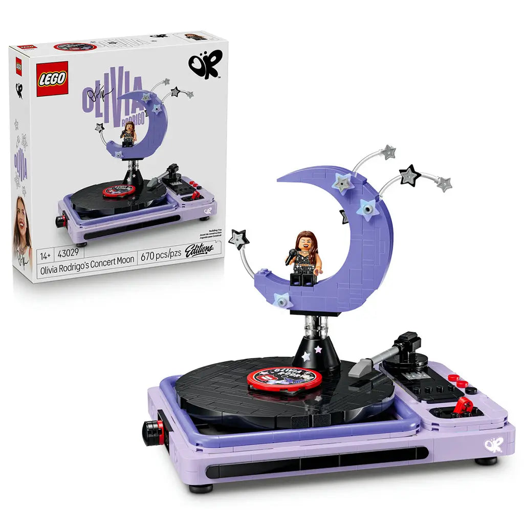 LEGO Olivia Rodrigo Concert Moon set pairs its white retail box with a lavender and black brick turntable, crescent moon stage, singer minifigure and microphone arm.