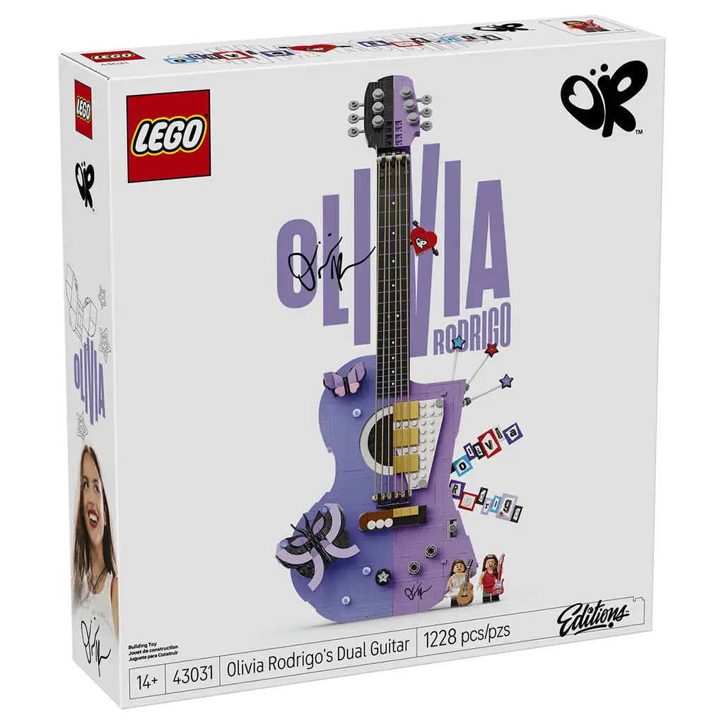 LEGO Editions Olivia Rodrigo's Dual Guitar set 43031 box in white and lavender shows the purple brick-built guitar display, two minifigures and 1,228-piece count.