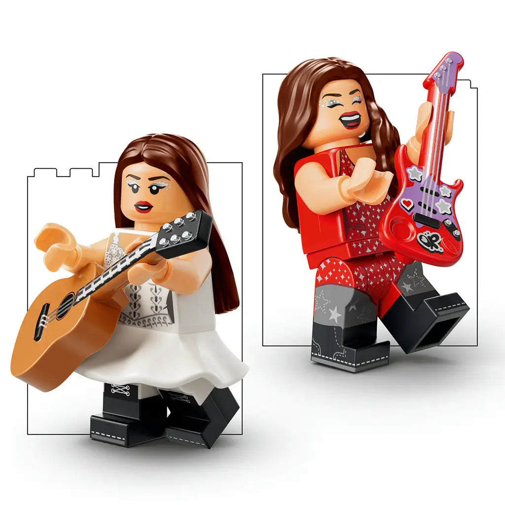 LEGO Olivia Rodrigo minifigures in white and red outfits hold acoustic and electric guitars, offering two musician figures for the Dual Guitar display set on white.