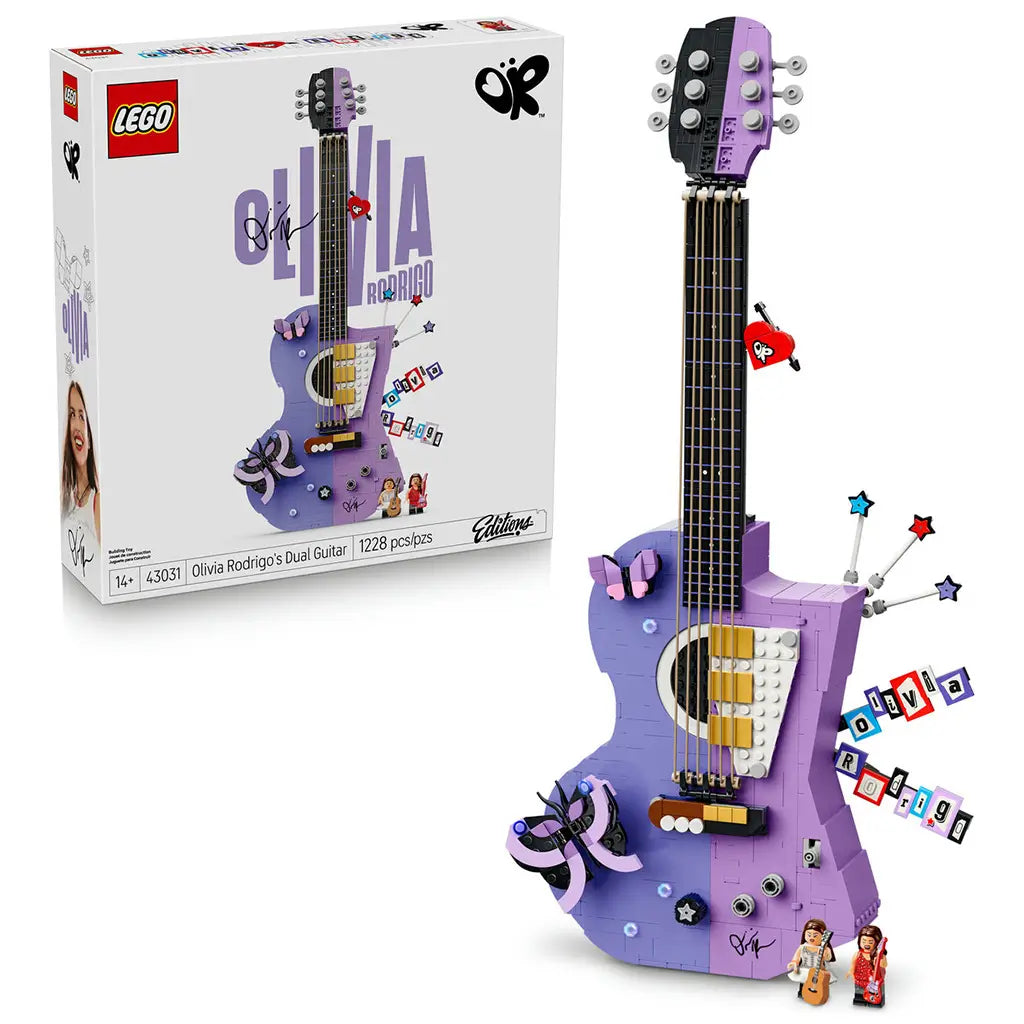 LEGO Editions Olivia Rodrigo's Dual Guitar set pairs a white retail box with the lavender brick-built guitar, butterfly and star accents, plus two musician minifigures.