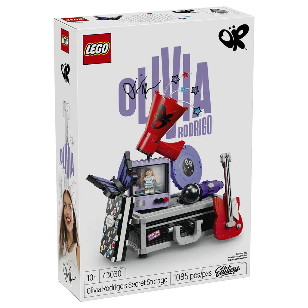 LEGO Editions Olivia Rodrigo's Secret Storage set 43030 box in white shows the black, lavender and red brick-built music case display with guitar and 1,085-piece count.