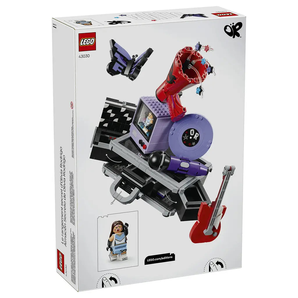 LEGO Editions Olivia Rodrigo's Secret Storage set 43030 box back shows the black and gray music case opened with movable compartments, accessories and one minifigure.