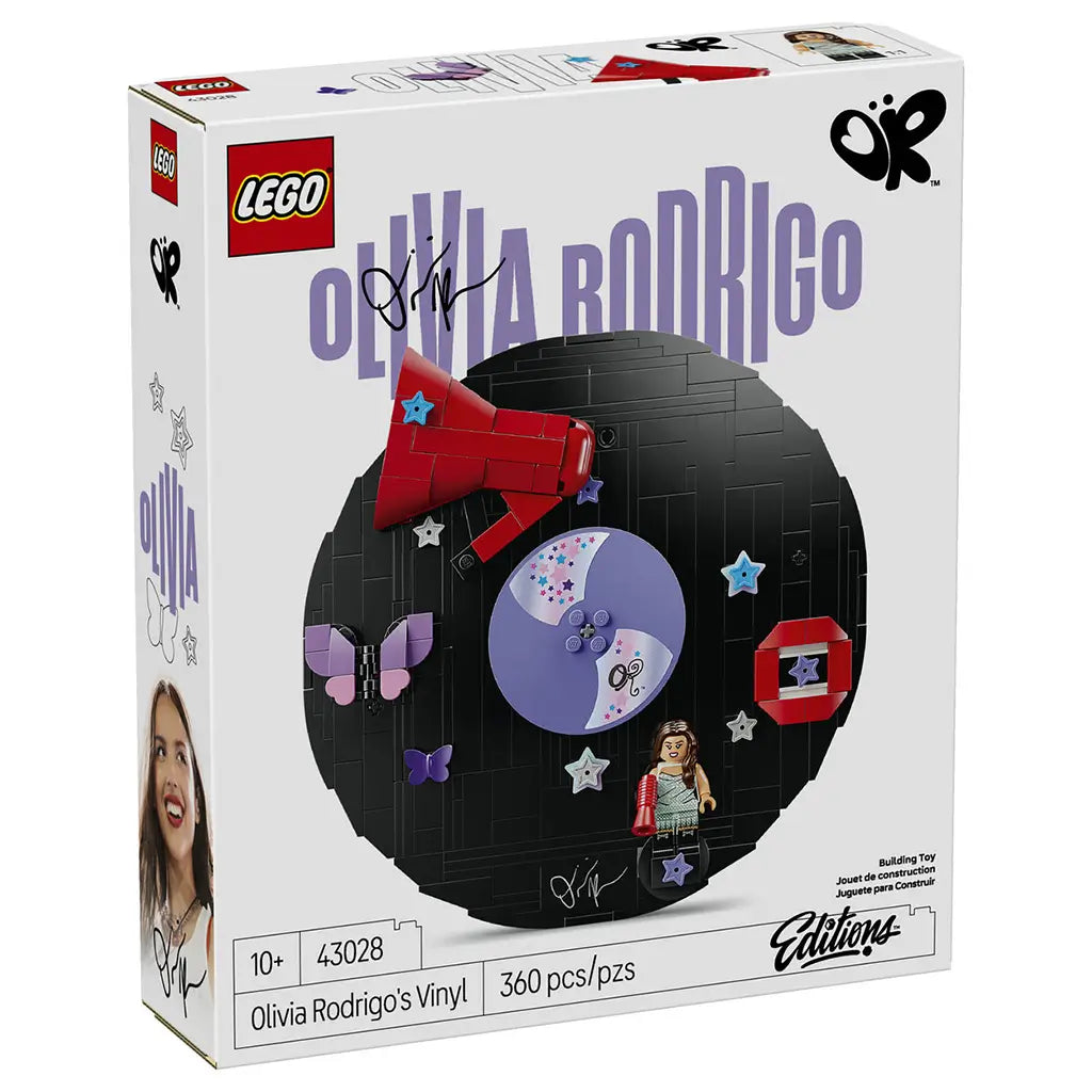 LEGO Olivia Rodrigo Vinyl set 43028 box in white shows a black brick record display with purple disc, red megaphone, butterflies, stars and singer minifigure.