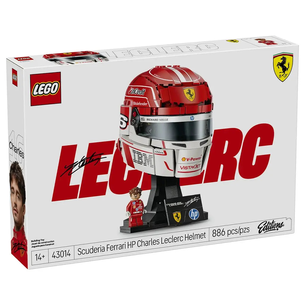 LEGO Ferrari Charles Leclerc helmet set packaging features red, white and black glossy plastic brick construction of a Formula 1 racing helmet on a display stand with minifigure, logos and collector branding.