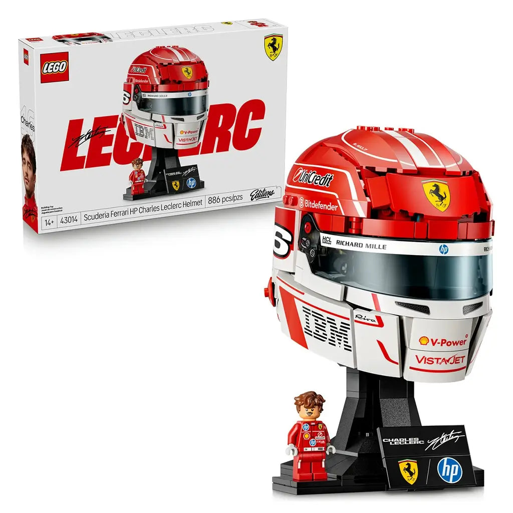LEGO Ferrari Charles Leclerc helmet collectible features red, white and black glossy plastic brick construction shaped as a Formula 1 racing helmet on a display stand with driver minifigure and branded nameplate.
