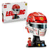 LEGO Ferrari Charles Leclerc helmet collectible features red, white and black glossy plastic brick construction shaped as a Formula 1 racing helmet on a display stand with driver minifigure and branded nameplate.
