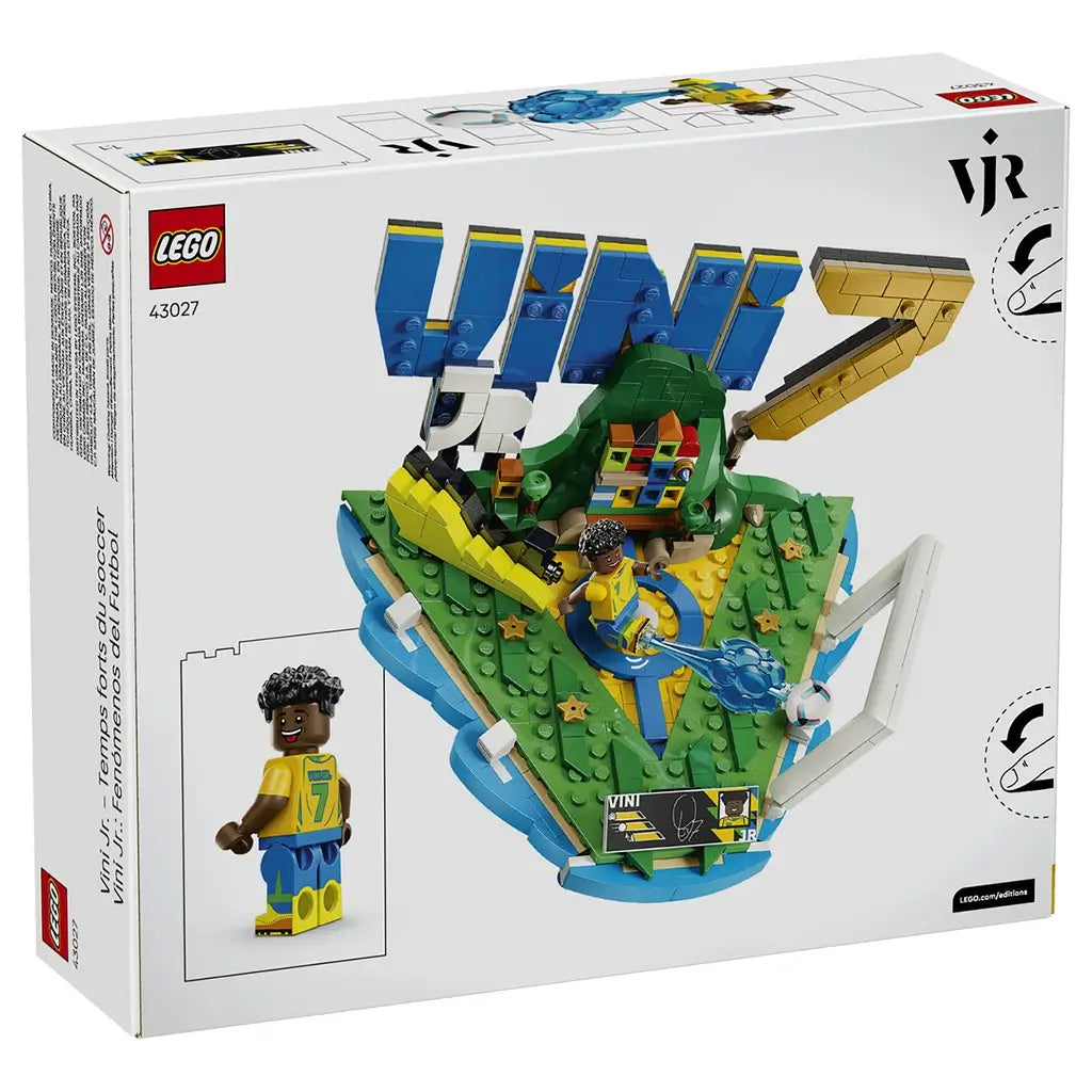 LEGO Editions Vini Jr. Soccer Highlights package back displays blue, yellow, green and white plastic model features, player minifigure artwork, football elements and interactive build details on retail packaging.