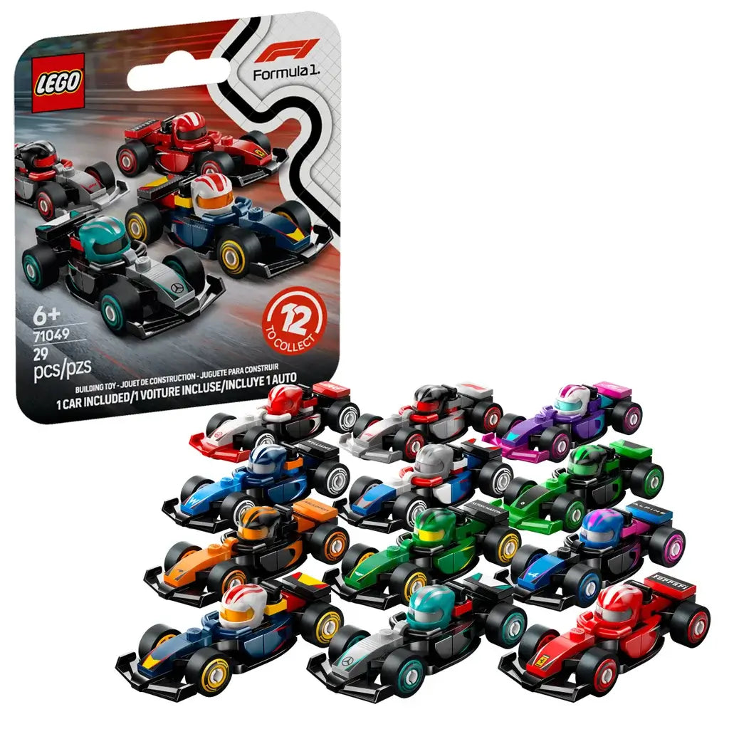 LEGO F1 collectible race cars featuring colorful plastic Formula 1 vehicle models with matching helmets, arranged in rows on a clean white background to showcase the full collection.