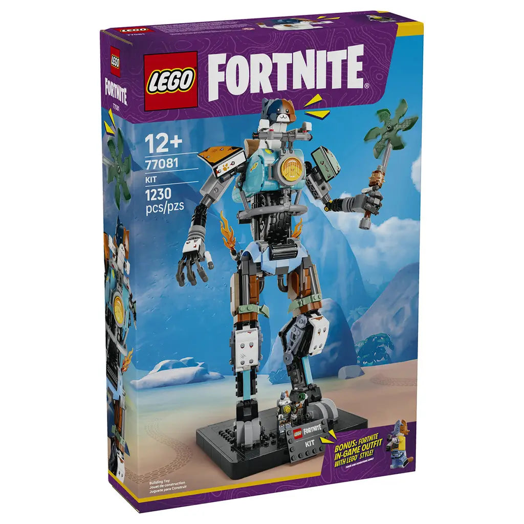 LEGO Fortnite Kit set 77081 box front in purple and blue, showing the 1,230-piece articulated cat-headed robot with pickaxe and display stand against an icy scene.