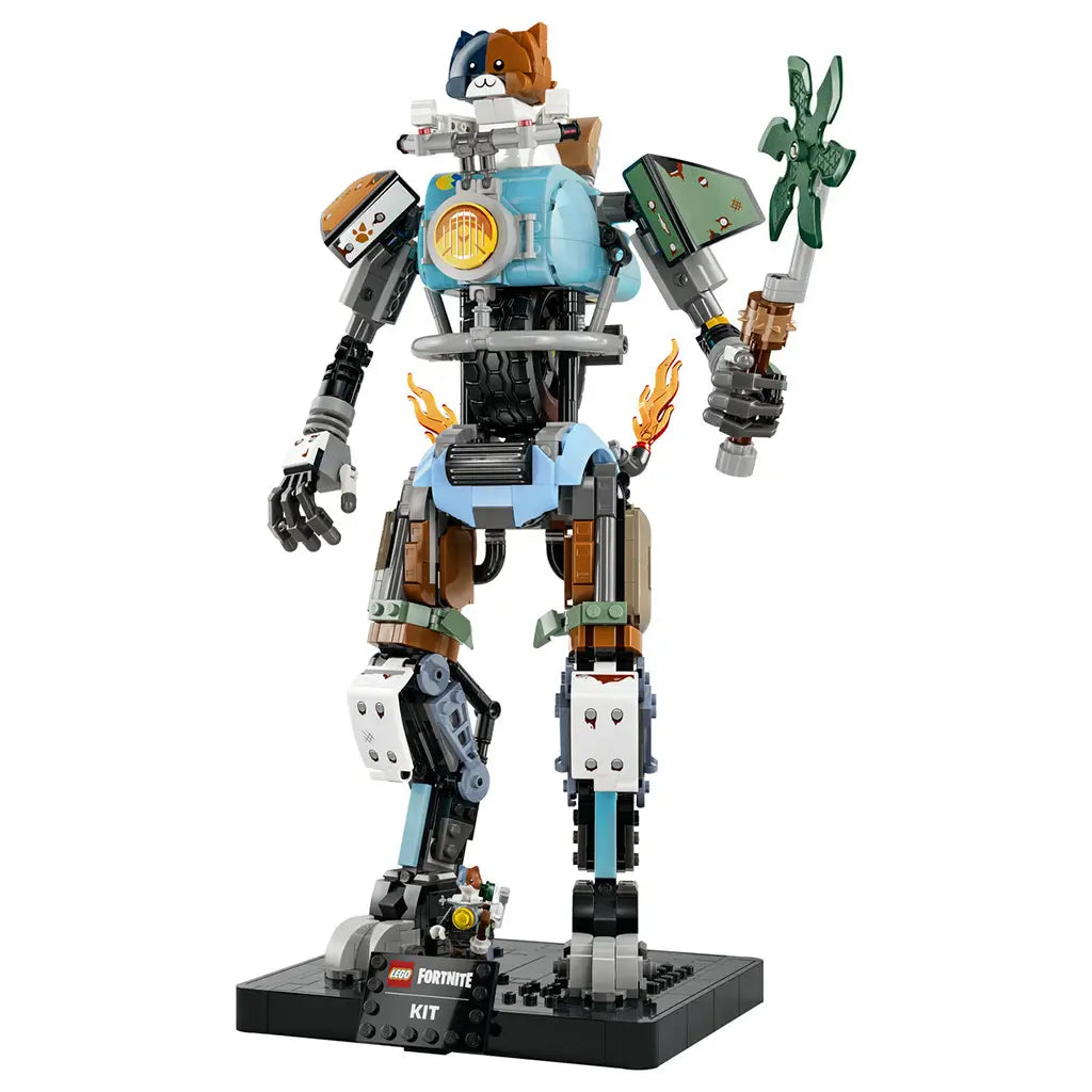 LEGO Fortnite Kit set 77081 in blue, black, gray and brown plastic bricks, featuring a tall articulated robot with cat head, pickaxe, flame details and display base.