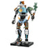 LEGO Fortnite Kit set 77081 in blue, black, gray and brown plastic bricks, featuring a tall articulated robot with cat head, pickaxe, flame details and display base.