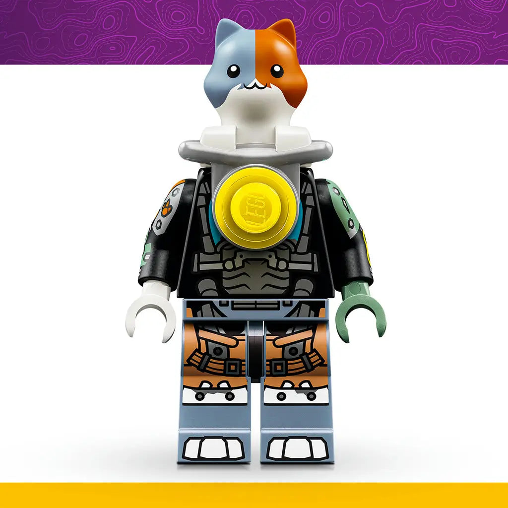 LEGO Fortnite Kit minifigure in gray, orange, black and white molded plastic, featuring a two-tone cat head, printed mechanical outfit and round gold chest accessory.
