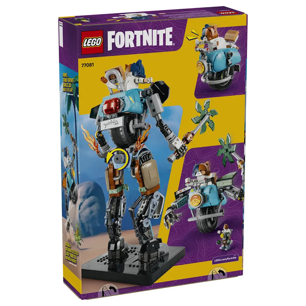 LEGO Fortnite Kit set 77081 box back in yellow and purple, showing the blue cat-headed robot from behind with articulated limbs, pickaxe and alternate detail views.