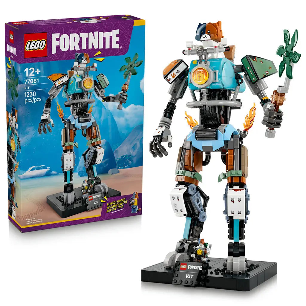 LEGO Fortnite Kit set 77081 in blue, black, gray and brown plastic bricks, showing the articulated cat-headed robot with green pickaxe and display base beside its box.