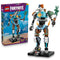 LEGO Fortnite Kit set 77081 in blue, black, gray and brown plastic bricks, showing the articulated cat-headed robot with green pickaxe and display base beside its box.